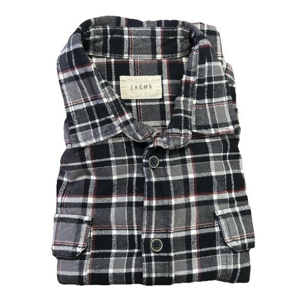 Jachs Men’s Flannel Shirt Medium Plaid Gray Black Red - Picture 3 of 7
